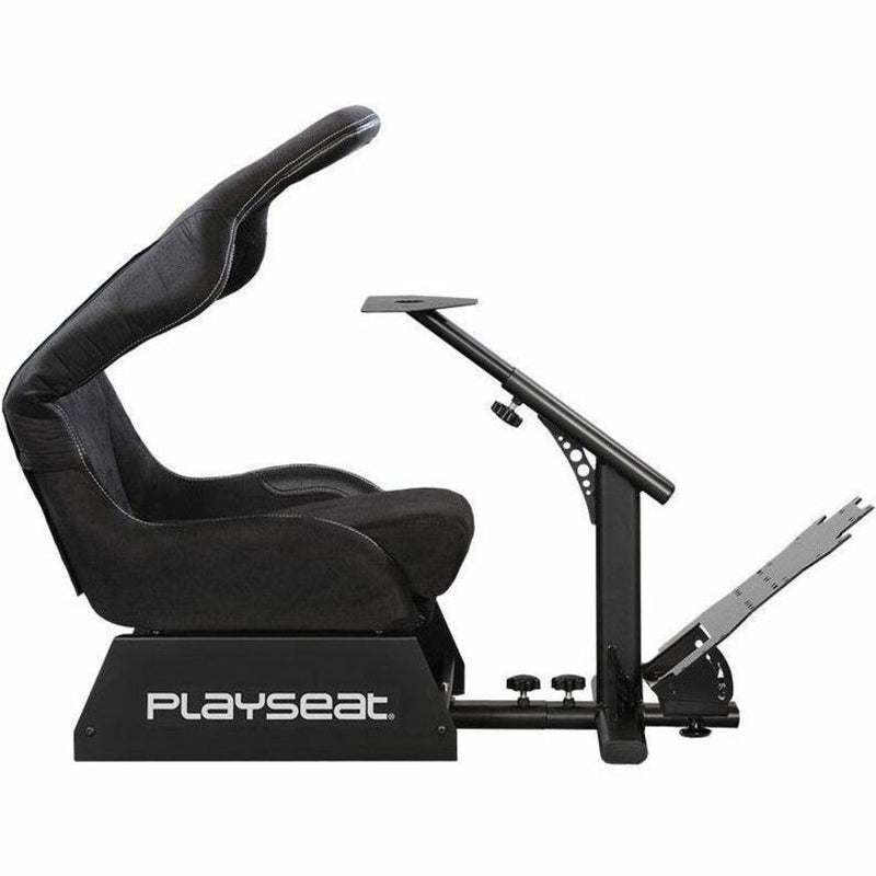 Playseat Evolution side view showcasing adjustable wheel mount and pedal plate system