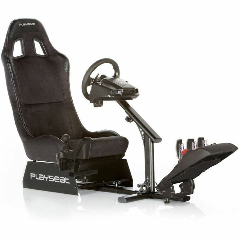 Playseat Evolution with racing wheel and pedal setup showing complete simulation system