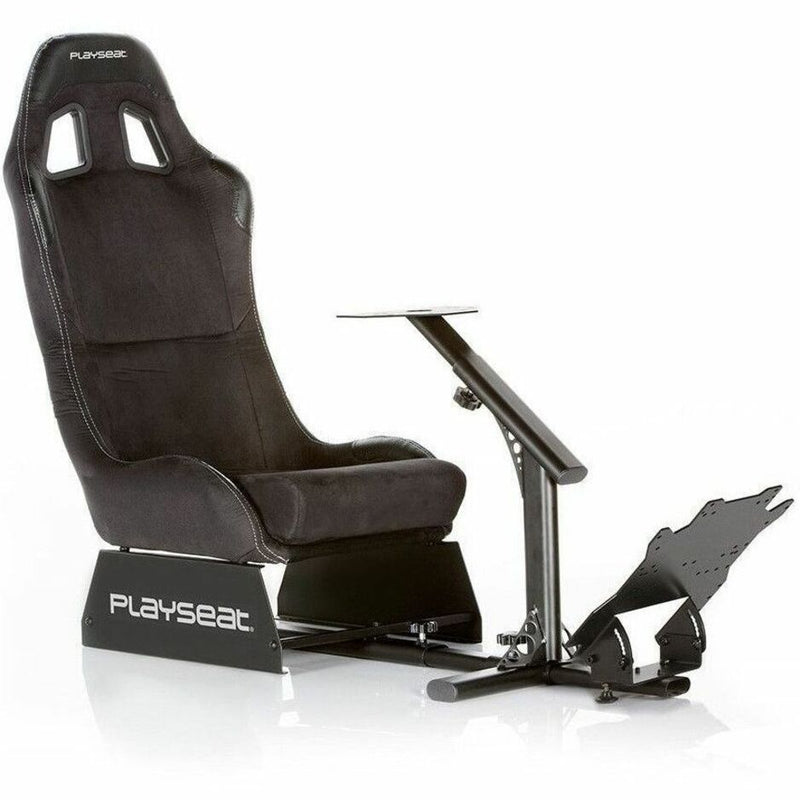 Playseat Evolution racing simulator chair front view showing racing seat design and adjustable wheel mount