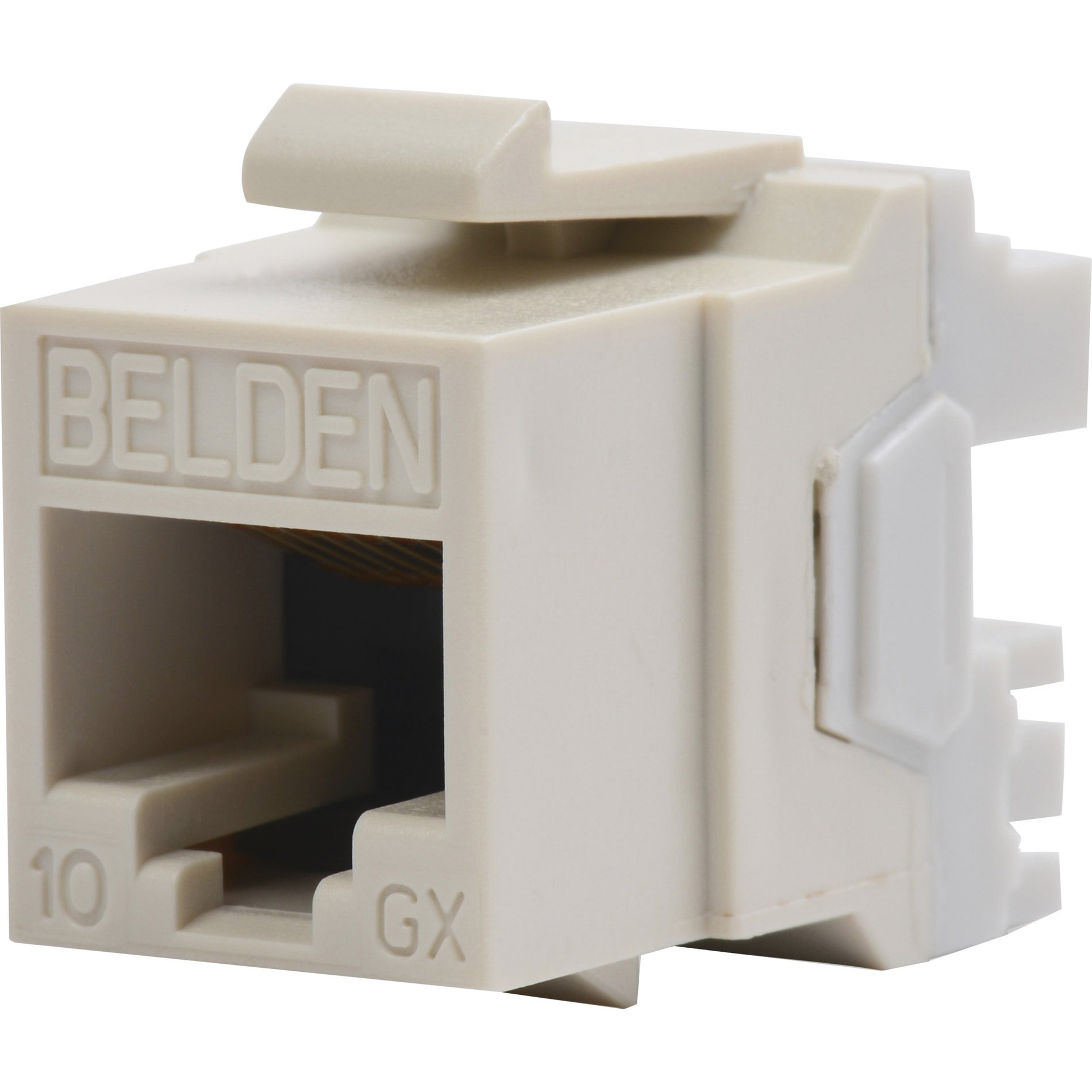 Belden 10GX Category 6A RJ45 KeyConnect modular jack in almond color showing front port and connector housing-alternate-image1