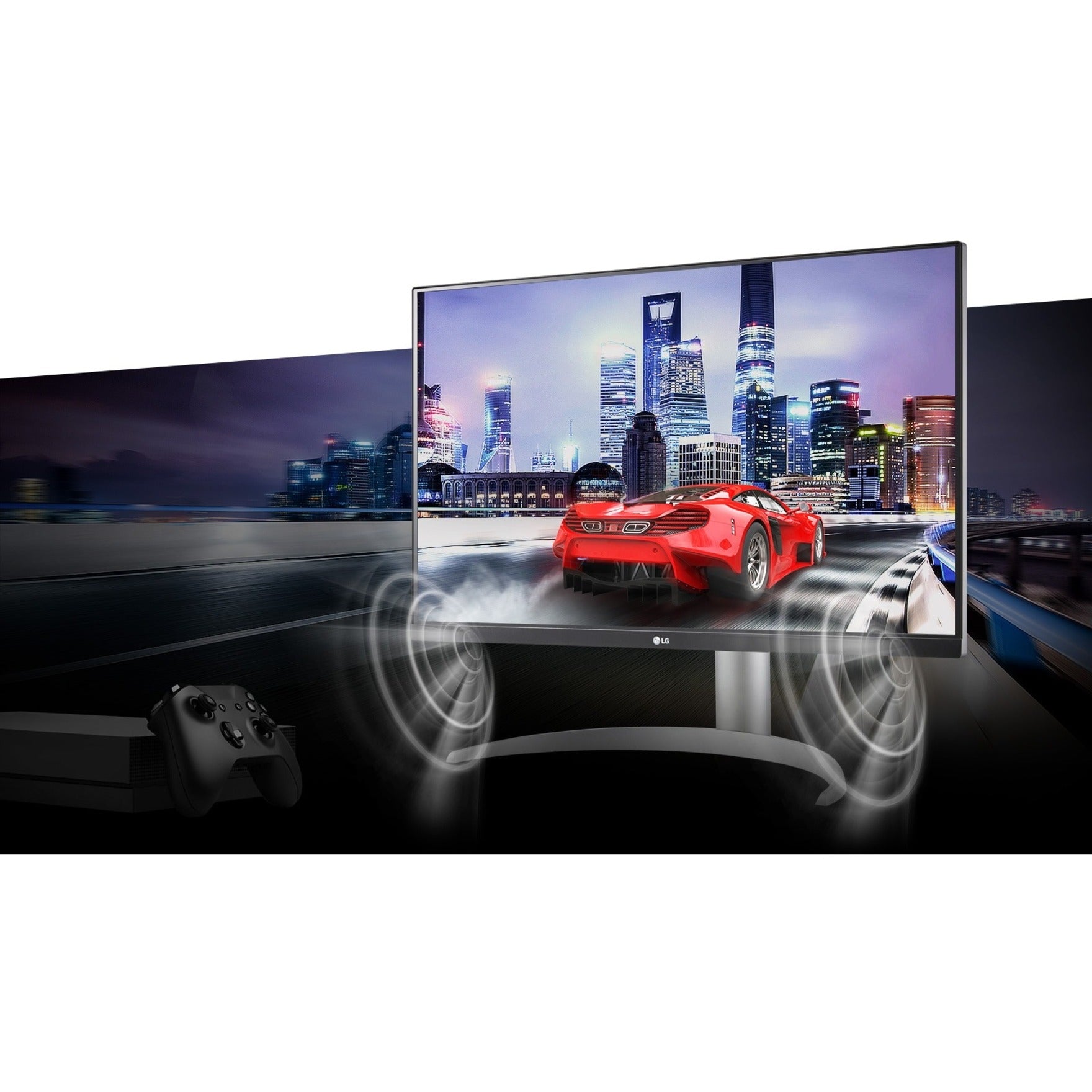 LG monitor showing gaming scene with car-alternate-image13