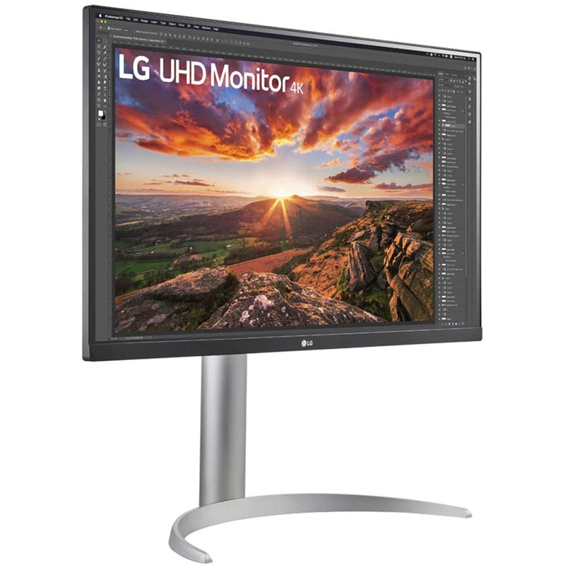 Three-quarter view of LG monitor showing slim profile and stand