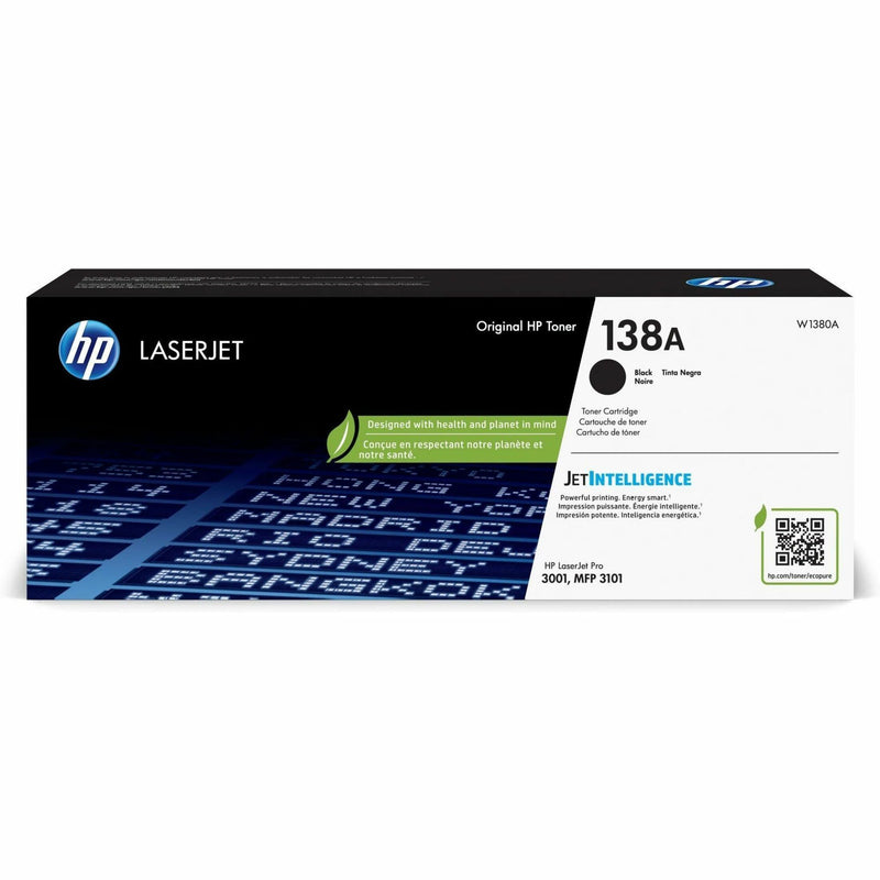 HP 138A Original Black LaserJet Toner Cartridge packaging showing JetIntelligence and eco-friendly features