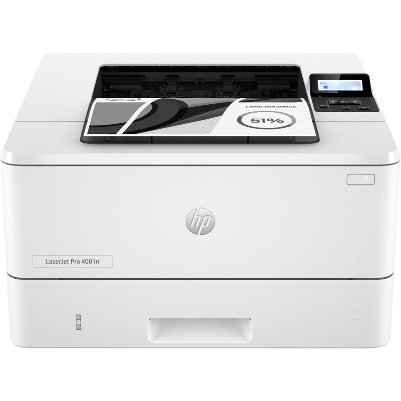 Front view of HP LaserJet Pro 4001n printer in white showing LCD display panel and paper output tray