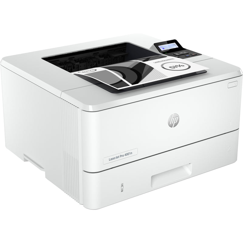 Angled perspective of HP LaserJet Pro 4001n showing control panel and sleek white design