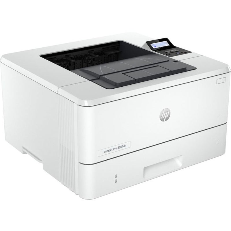 Angled side view of HP LaserJet Pro 4001dn showing compact design and paper handling system