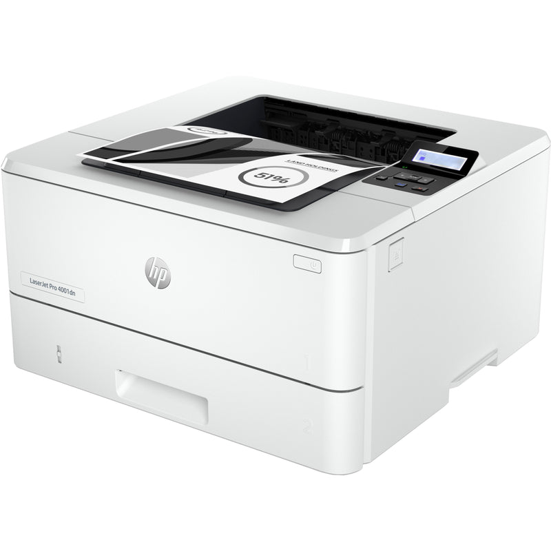 Angular view of HP LaserJet Pro 4001dn emphasizing connectivity ports and paper management system