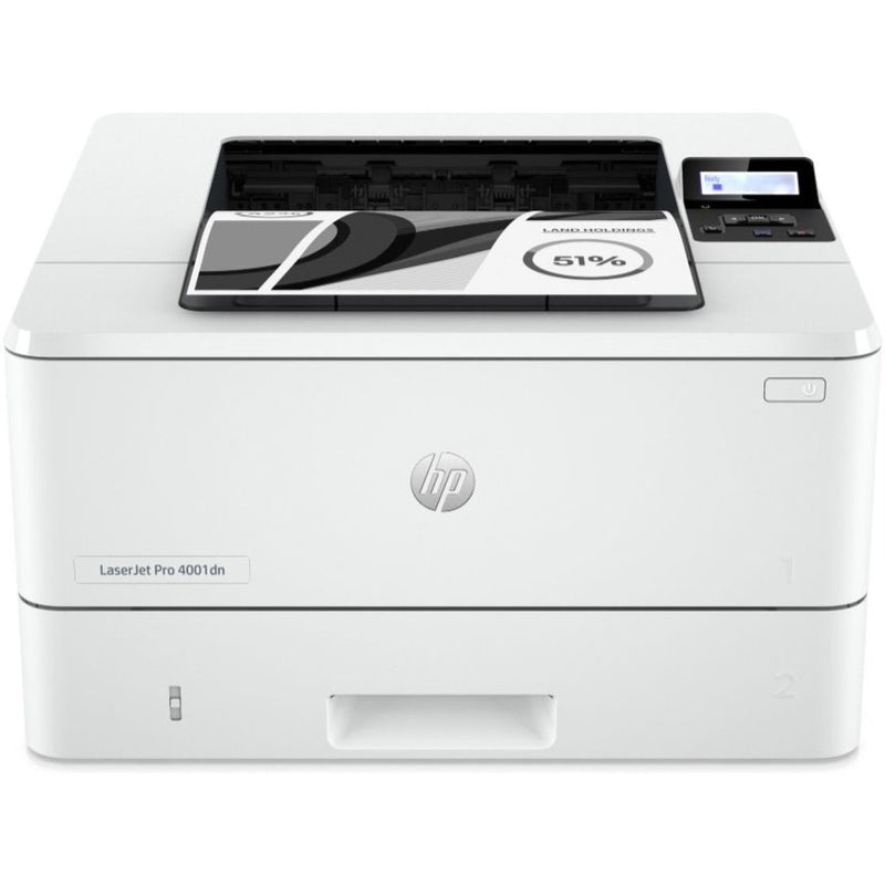 Front view of HP LaserJet Pro 4001dn printer showing LCD display panel and paper output tray