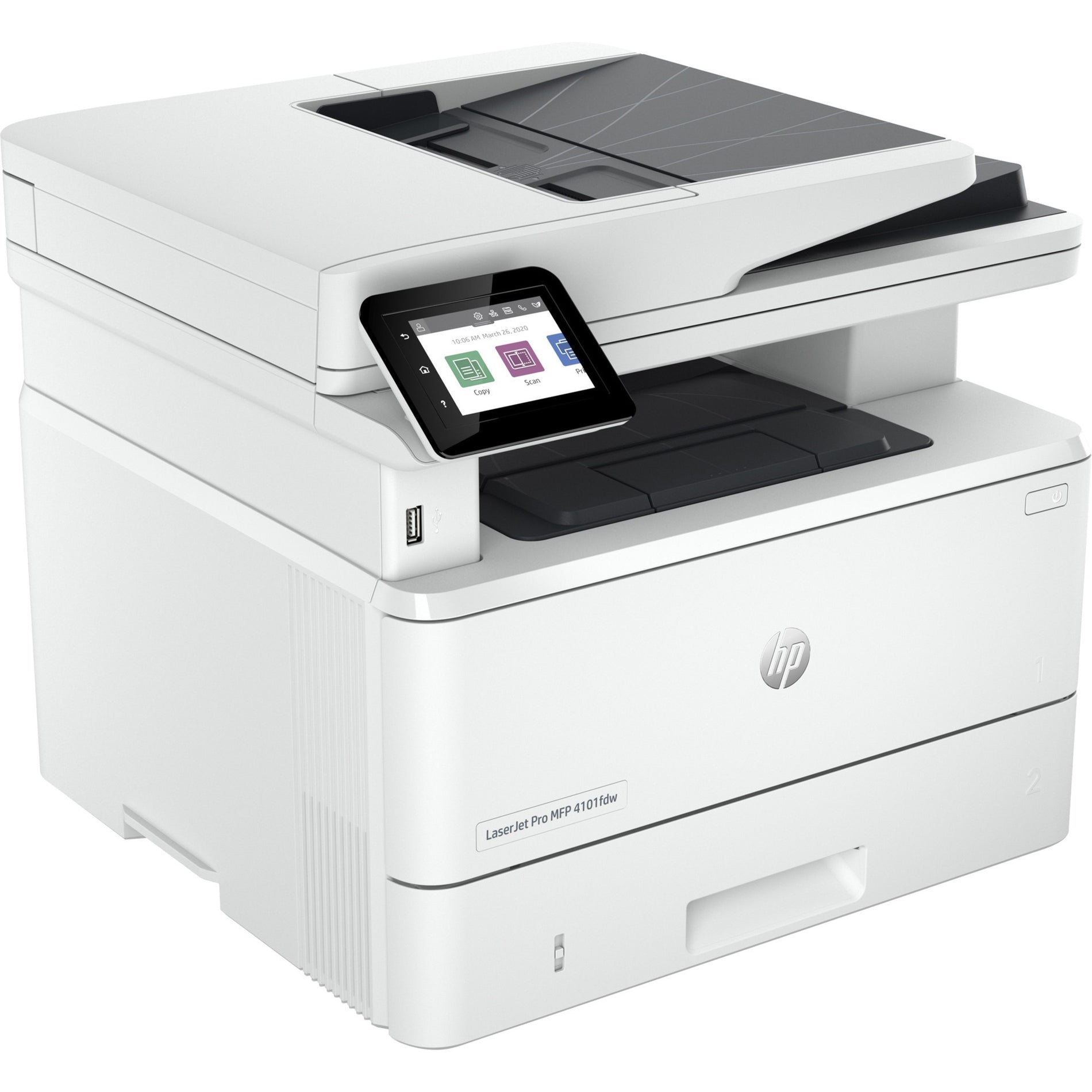 Front view of HP LaserJet Pro 4101fdw multifunction printer in white showing touchscreen display and document feeder-alternate-image1