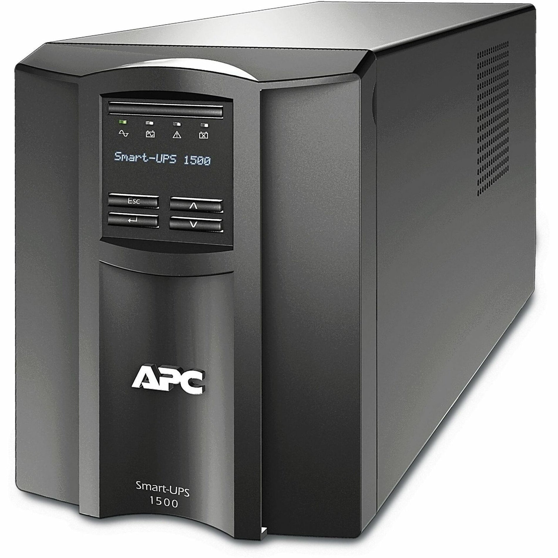 Front view of APC Smart-UPS 1500VA tower model showing LCD display interface and control buttons-alternate-image1