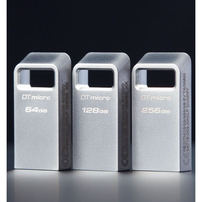 Three Kingston DataTraveler Micro USB drives showing different capacity options - 64GB, 128GB, and 256GB