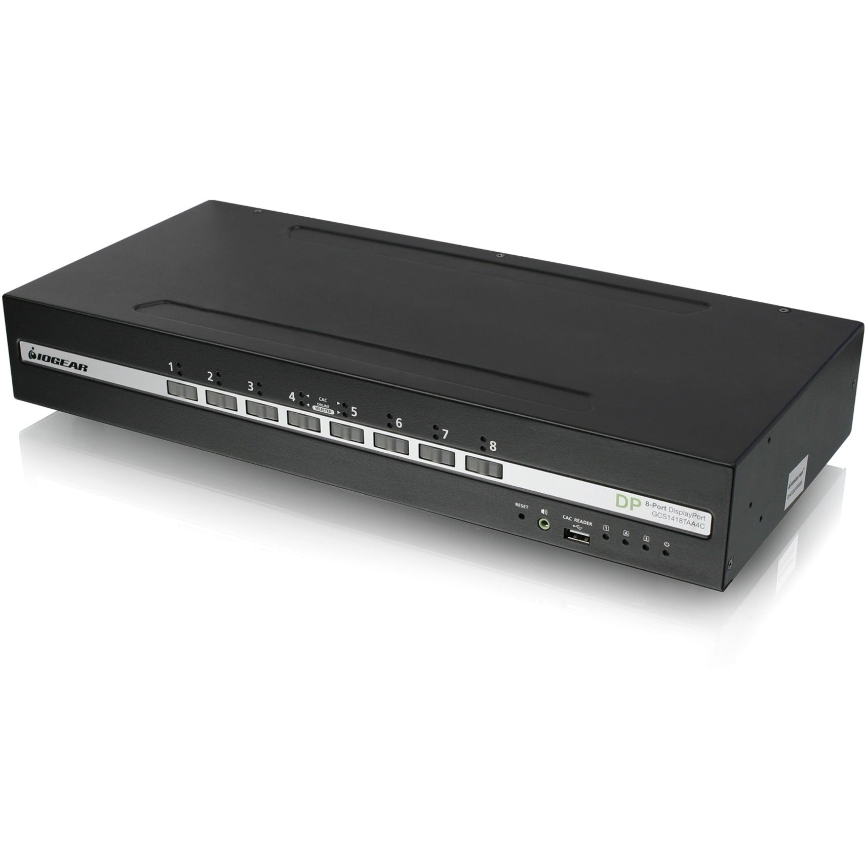 Front view of IOGEAR 8-port secure KVM switch showing numbered port selection buttons and status indicators-alternate-image1