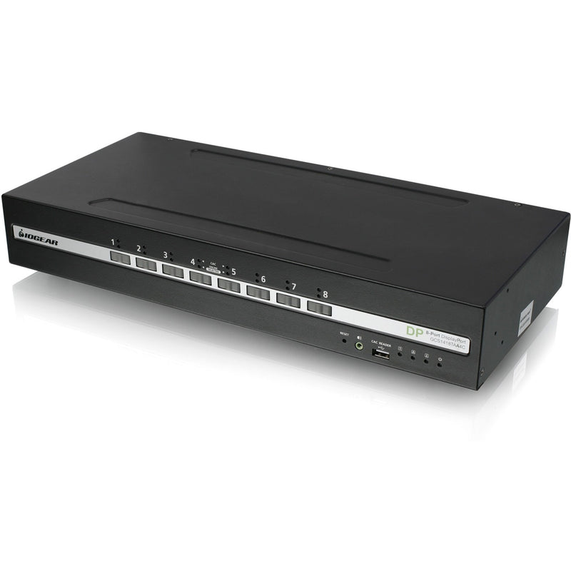 Front view of IOGEAR 8-port secure KVM switch showing numbered port selection buttons and status indicators