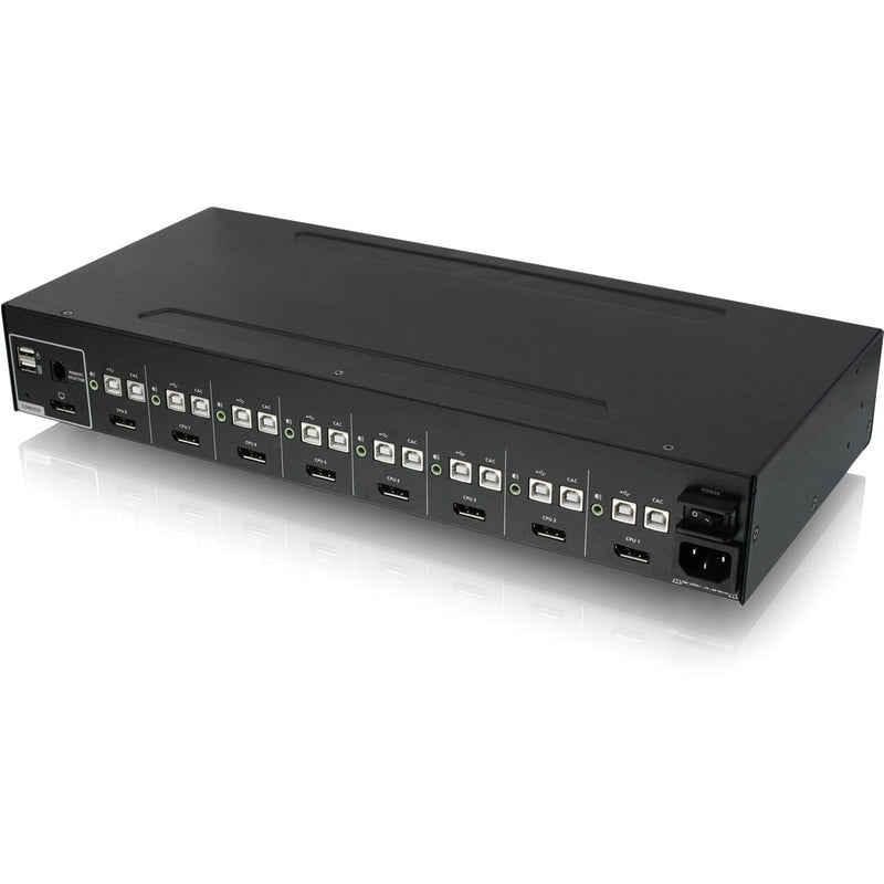 Rear view of IOGEAR secure KVM switch showing multiple USB, DisplayPort, and CAC reader ports