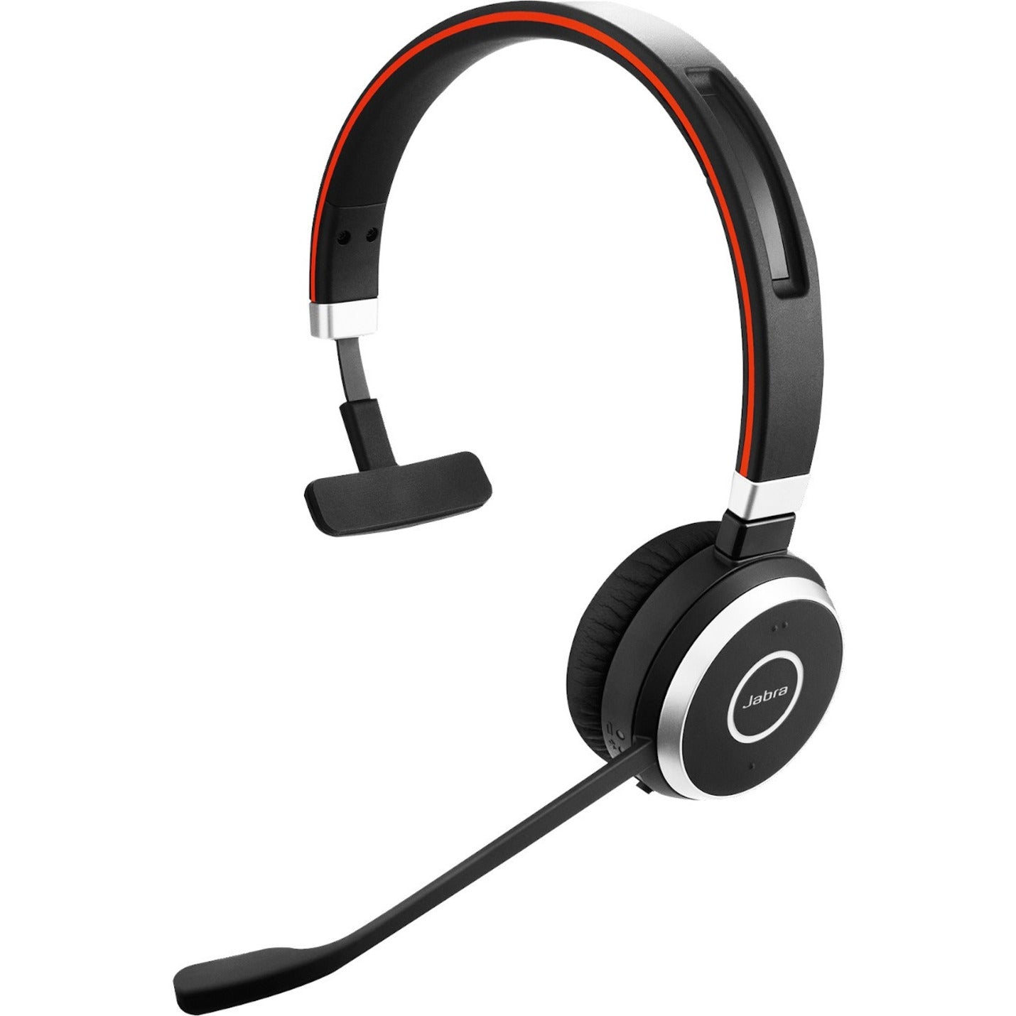 Jabra Evolve 65 mono wireless headset with boom microphone shown from side angle, featuring black and silver design with red accent band-alternate-image1