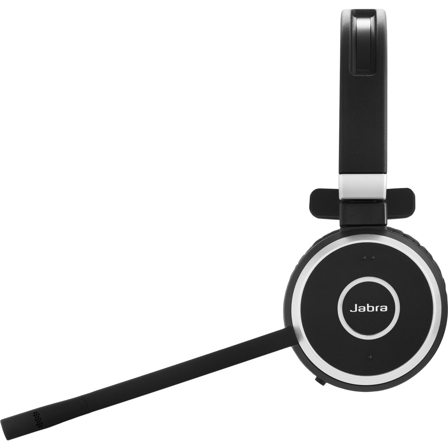 Close-up side view of Jabra Evolve 65 headset showing speaker housing and microphone detail-alternate-image3