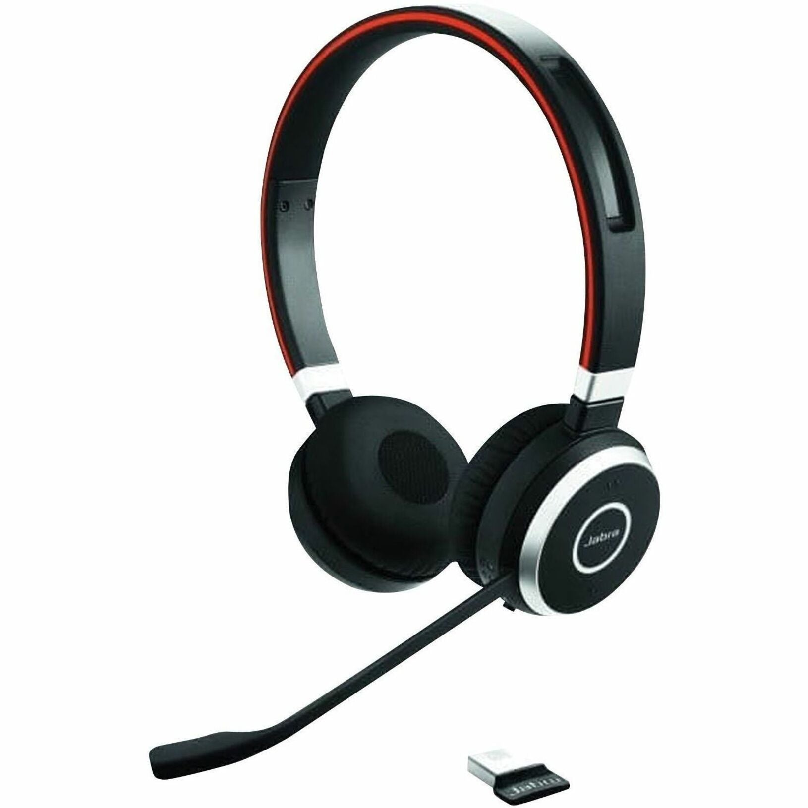 Jabra Evolve 65 SE wireless headset with boom microphone and USB adapter showing black and red design-alternate-image1