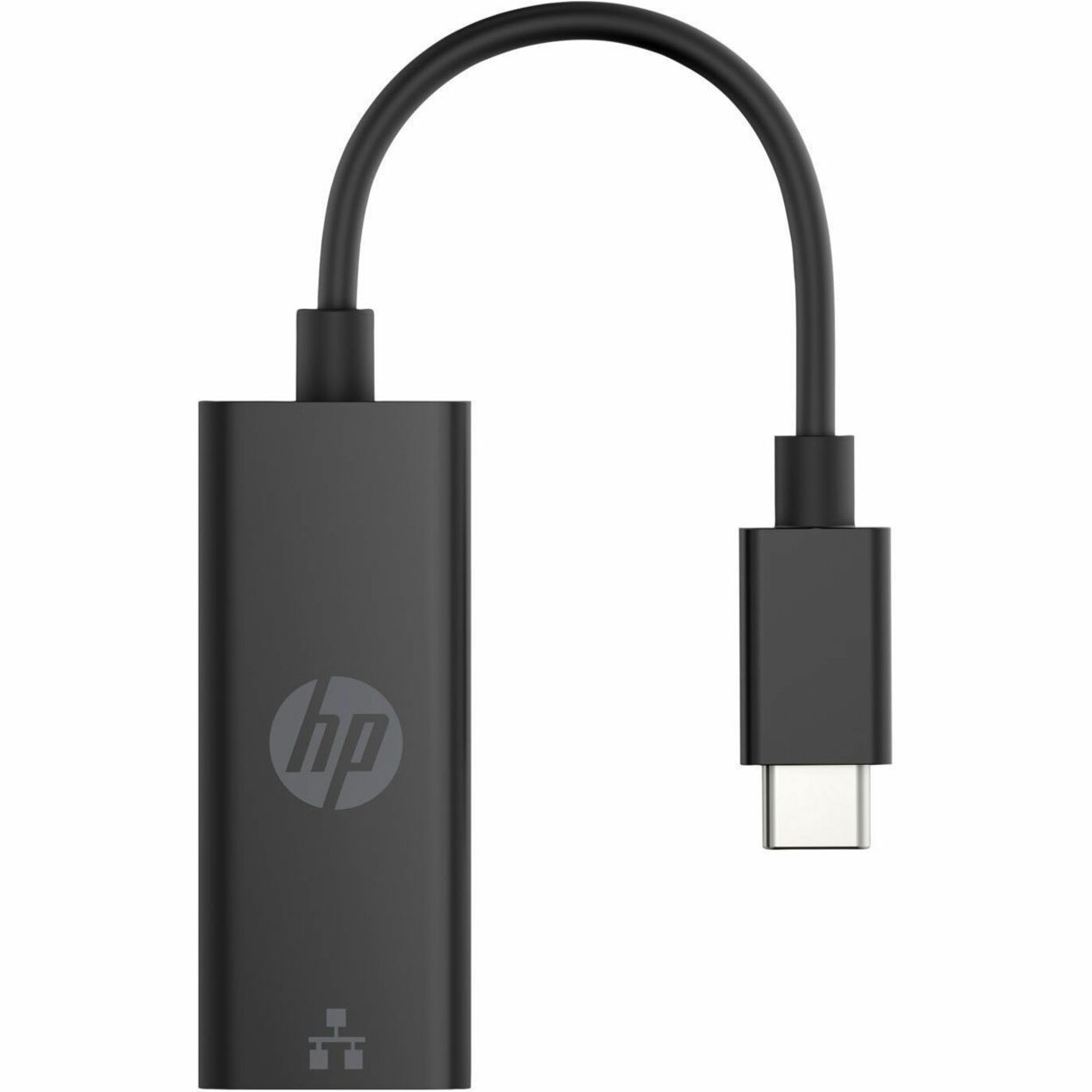 Side view of HP USB-C to RJ45 Adapter G2 showing curved cable design and HP branding-alternate-image2