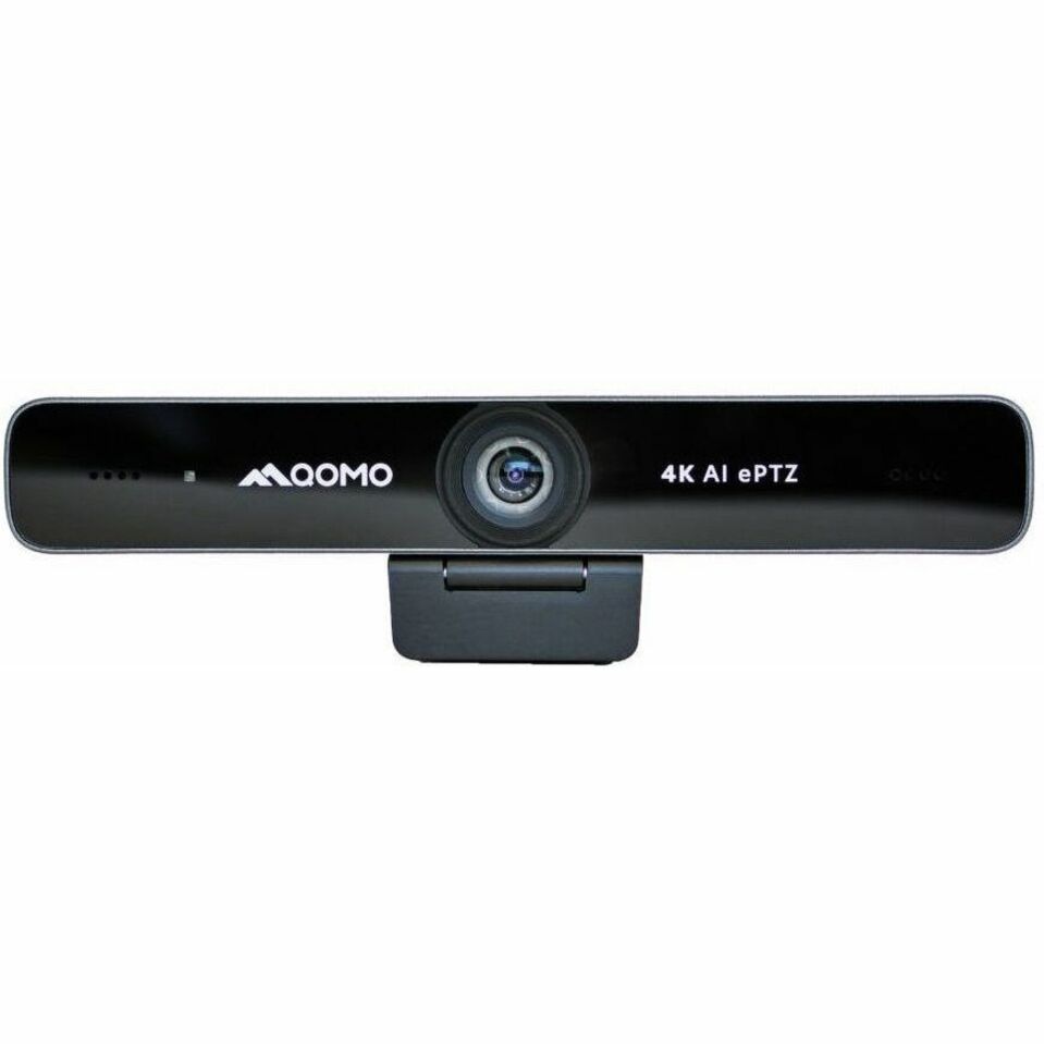 Front view of QOMO 4K AI ePTZ webcam showing sleek black bar design with central camera lens-alternate-image1