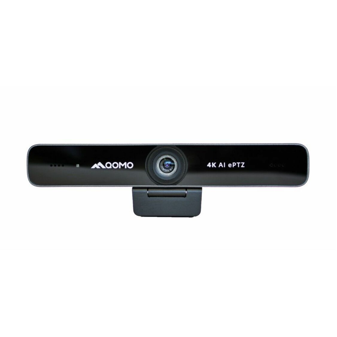 Detailed front view of QOMO 4K AI ePTZ webcam highlighting lens and AI capabilities-alternate-image4