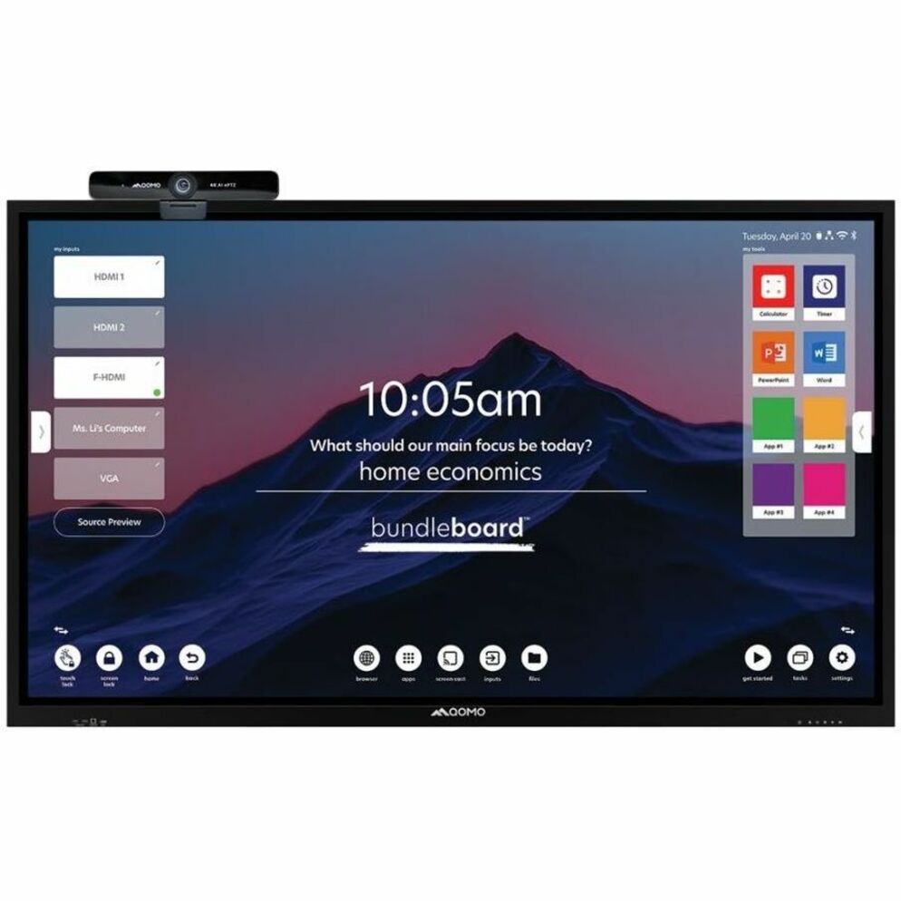 QOMO webcam mounted on interactive display showing bundleboard interface and meeting controls-alternate-image2