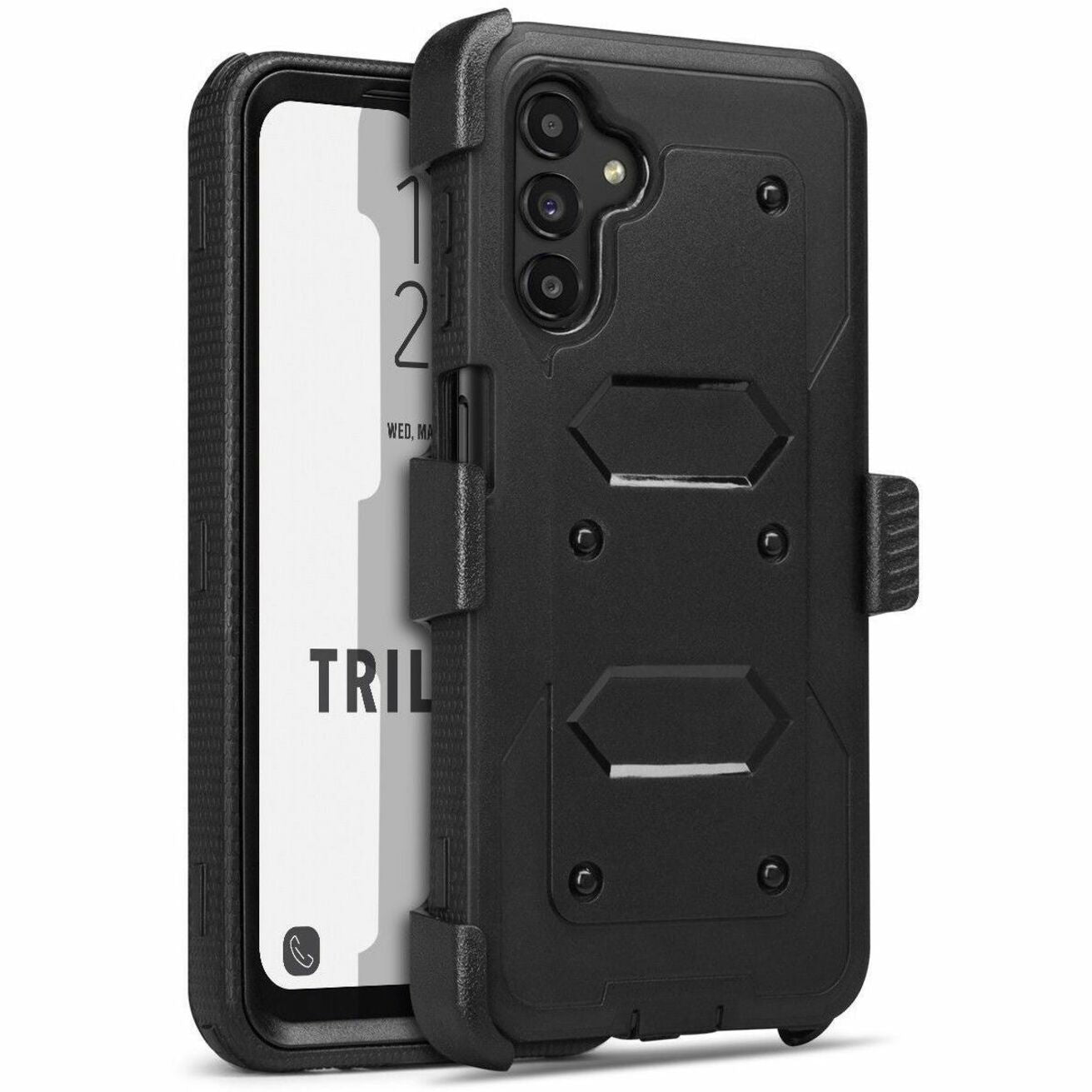 Black Trilogy rugged case for Samsung Galaxy A13 5G showing multi-layer protection design and camera cutouts-alternate-image1