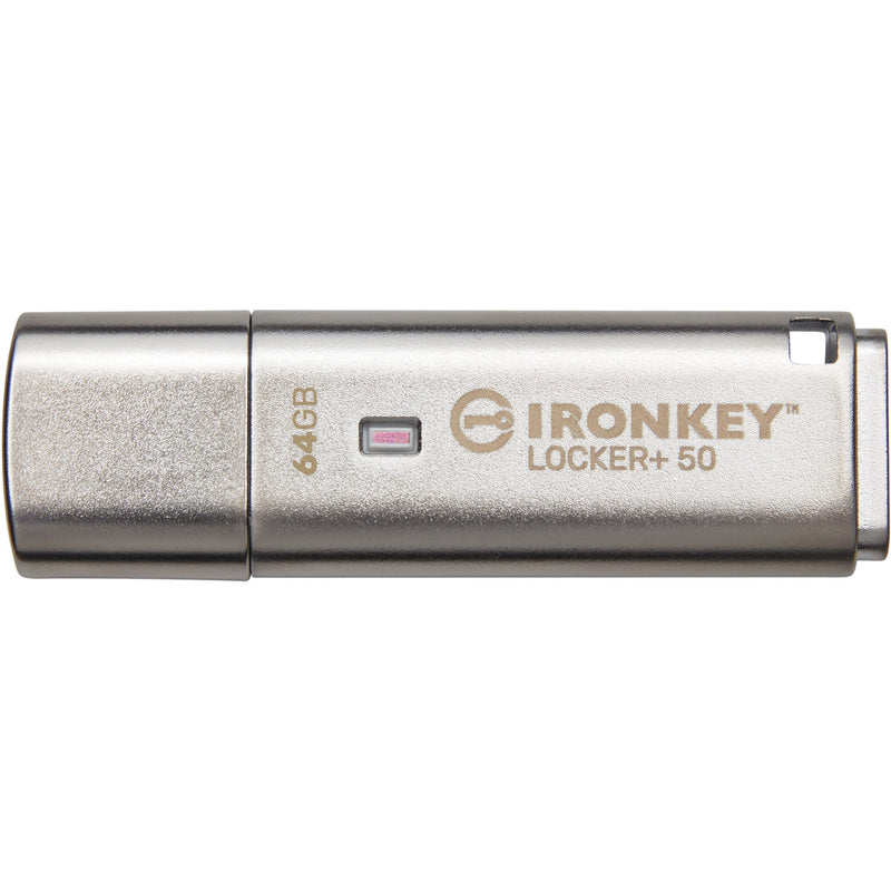 Top view of IronKey Locker+ 50 USB drive showing status LED and branding