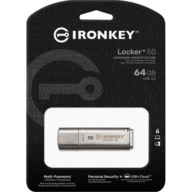 Retail packaging of IronKey Locker+ 50 showing security features and specifications