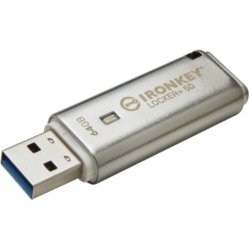 IronKey Locker+ 50 64GB encrypted USB flash drive with metal casing and status LED indicator