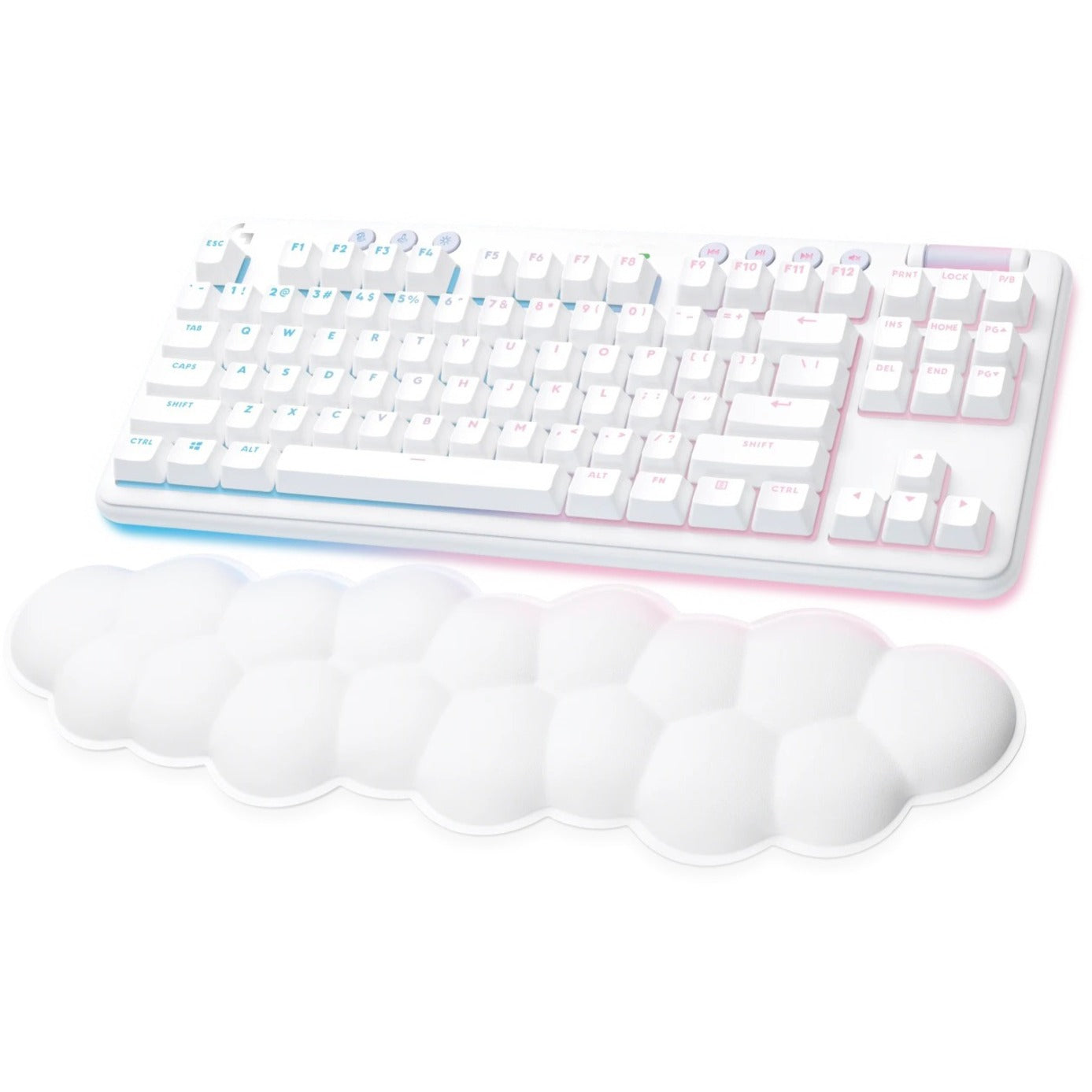 Logitech G715 wireless gaming keyboard in white with RGB lighting and cloud-shaped palm rest - side angle view-alternate-image3