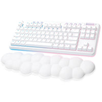 Logitech G715 wireless gaming keyboard in white with RGB lighting and cloud-shaped palm rest - RGB lighting detail-alternate-image4