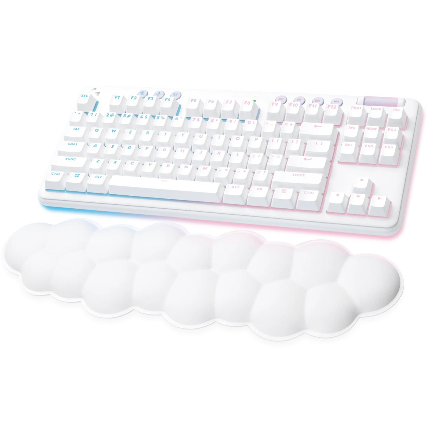 Logitech G715 wireless gaming keyboard in white with RGB lighting and cloud-shaped palm rest - RGB lighting detail-alternate-image4