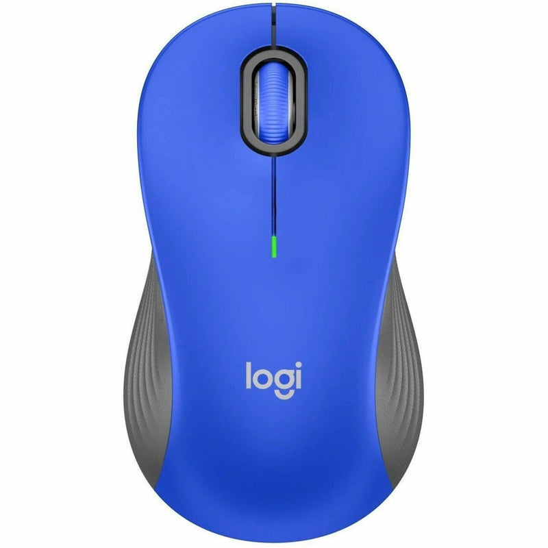 Top view of Logitech M550 L wireless mouse showing blue surface, SmartWheel scroll wheel, and ergonomic design