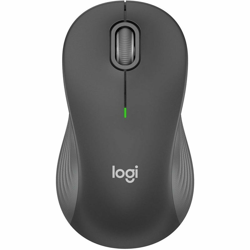 Top view of Logitech Signature M550 L wireless mouse in graphite color showing SmartWheel scroll wheel and LED indicator