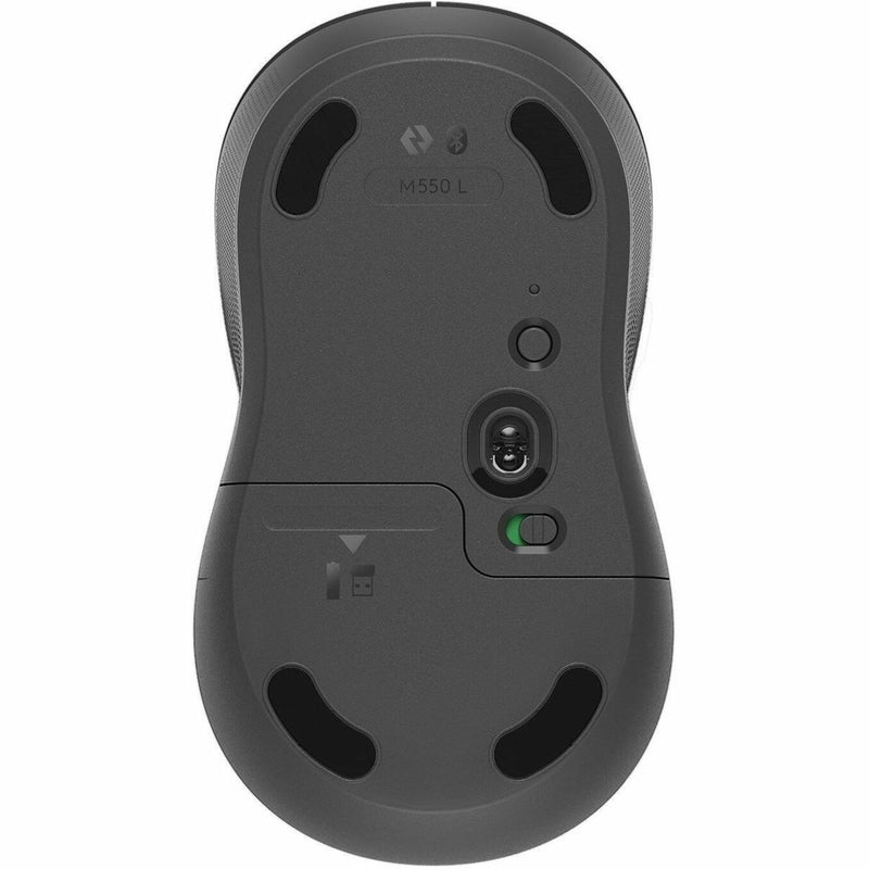 Bottom view of Logitech M550 L mouse showing connectivity options and sensor