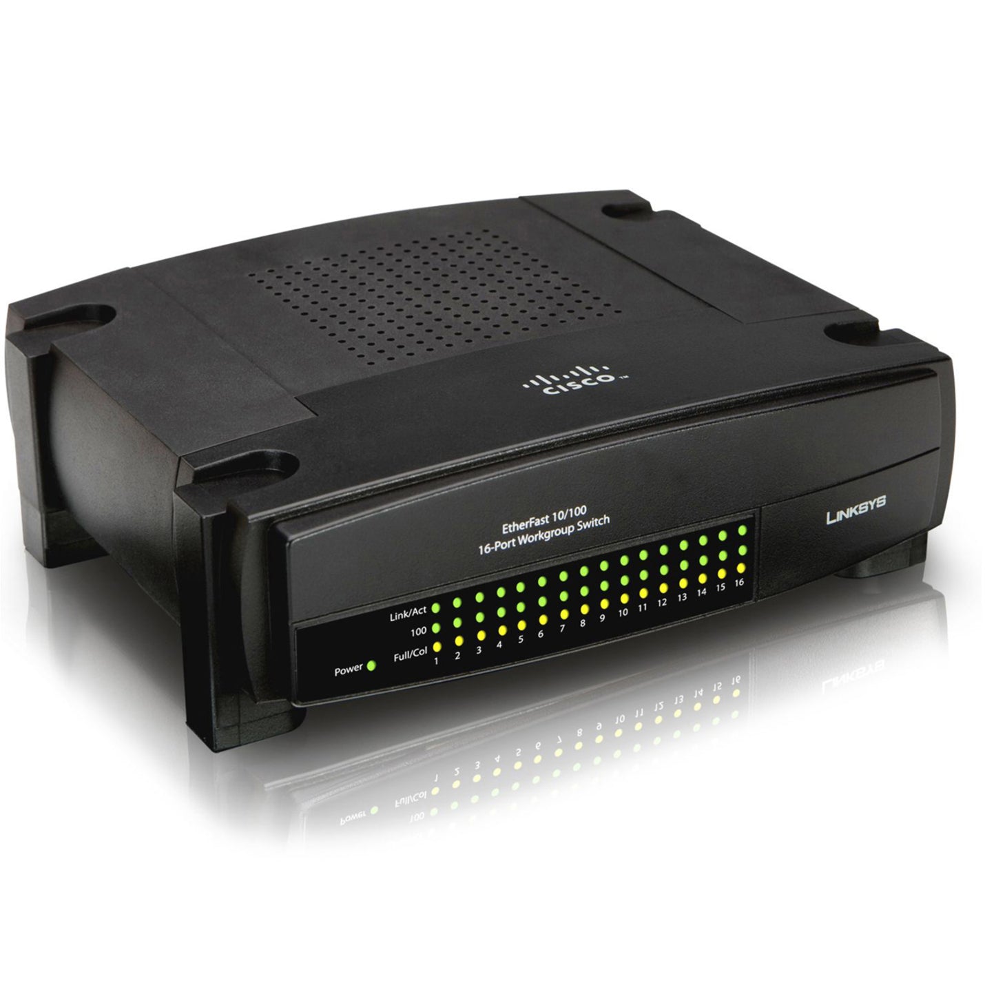 Front angled view of Linksys EtherFast EZXS16W 16-port network switch showing LED status indicators and ventilated casing-alternate-image1