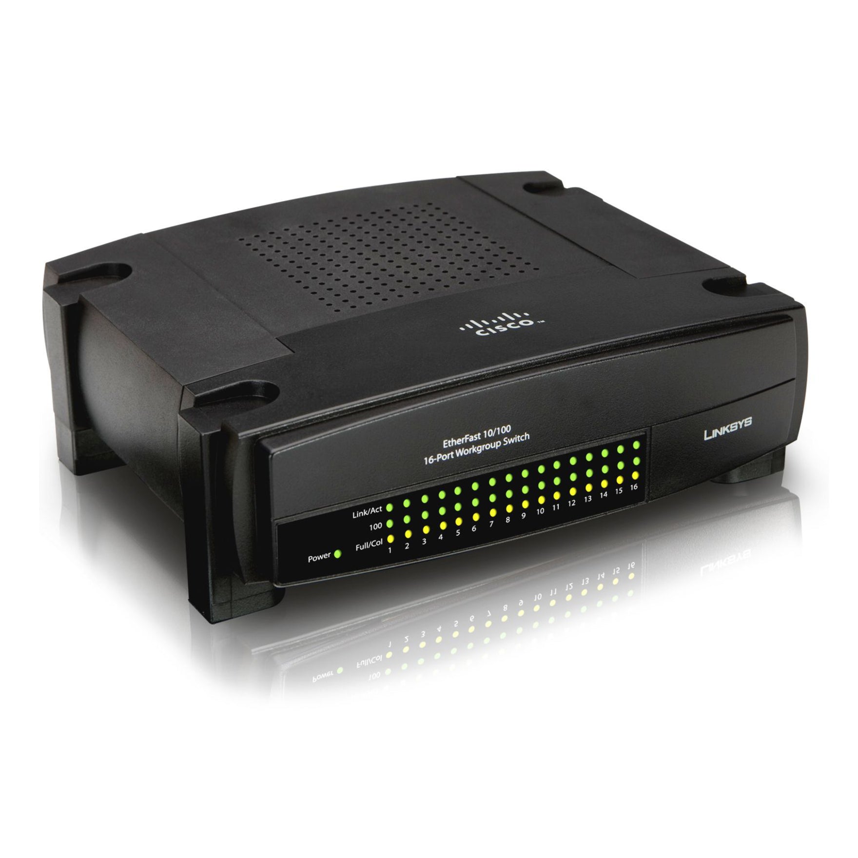 Left side angle view of Linksys EtherFast network switch showing compact design and port arrangement-alternate-image3