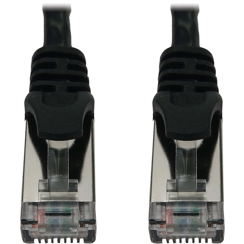 Close-up of Cat6a cable snagless connector boot and strain relief design