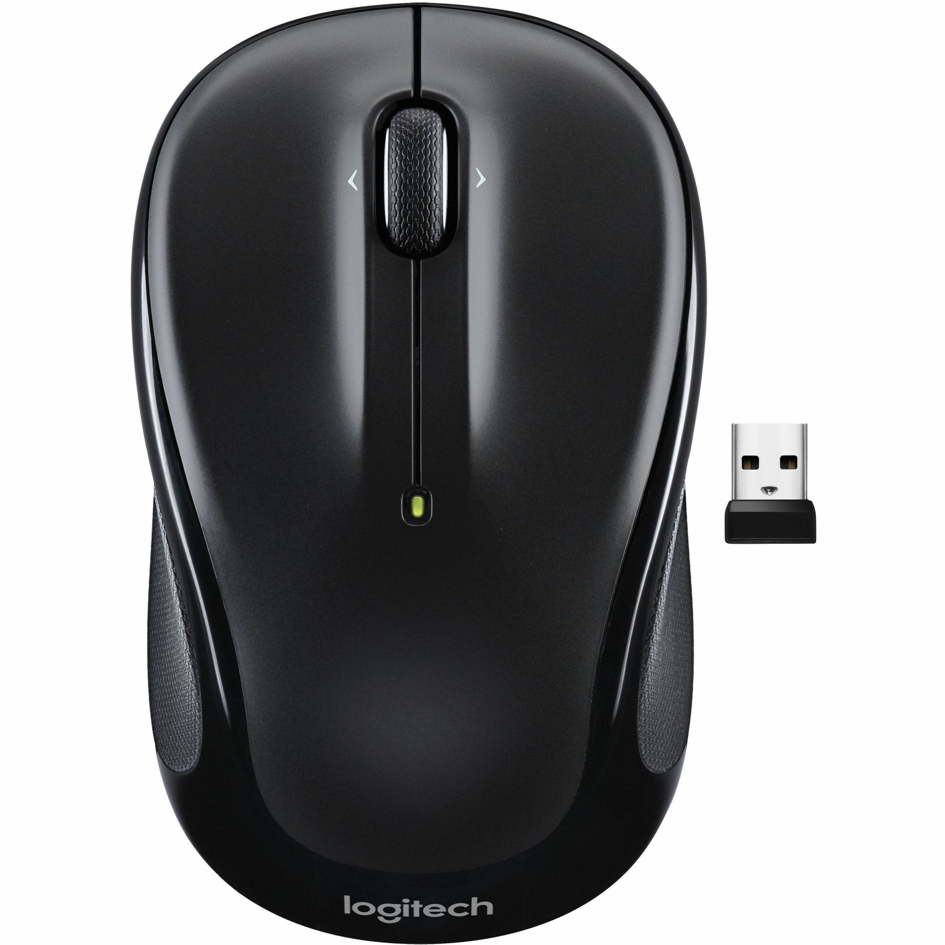 Logitech M325S wireless mouse in black with USB receiver, front view showing scroll wheel and ergonomic design-alternate-image1