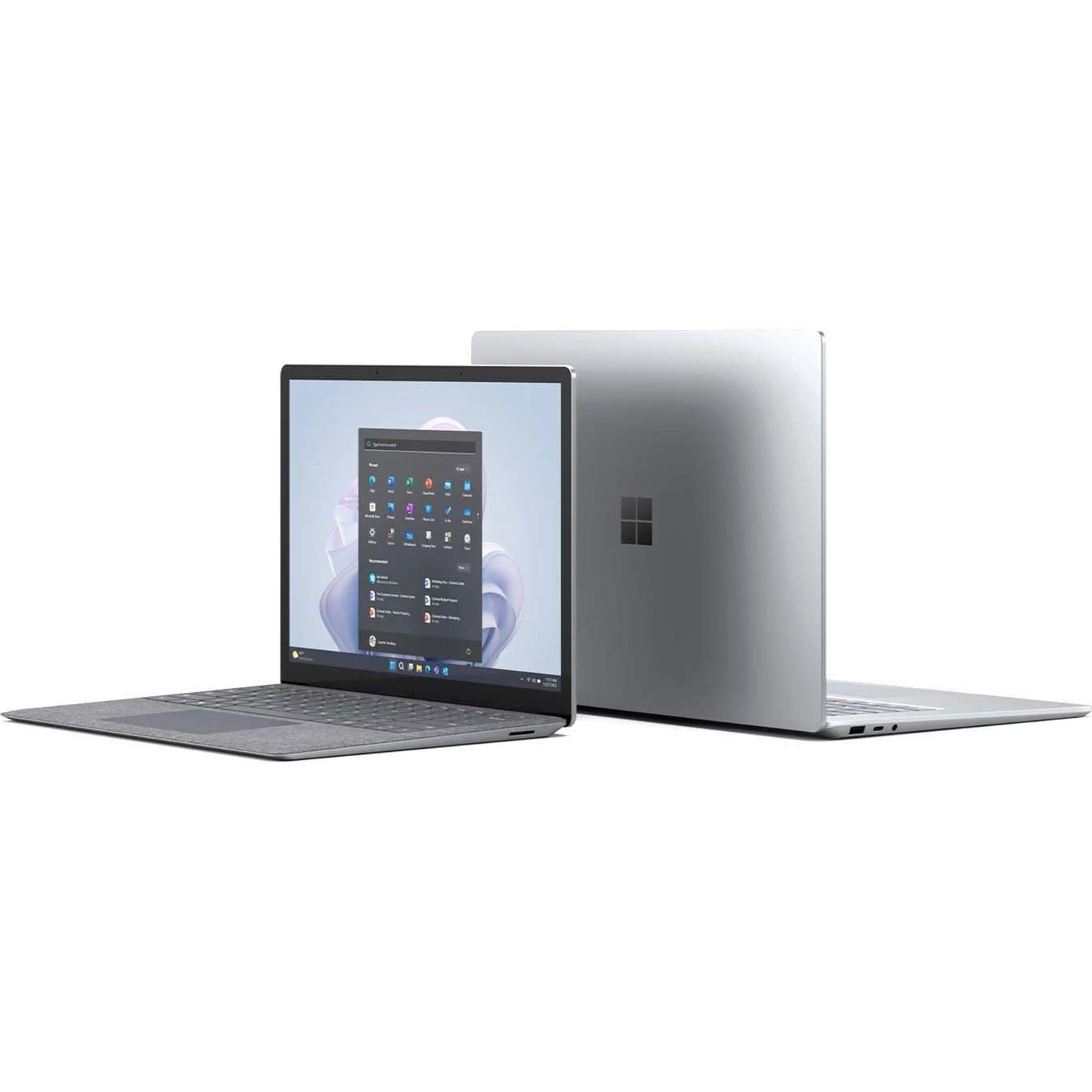 Angled view of Surface Laptop 5 showing both platinum exterior and gray keyboard deck-alternate-image9