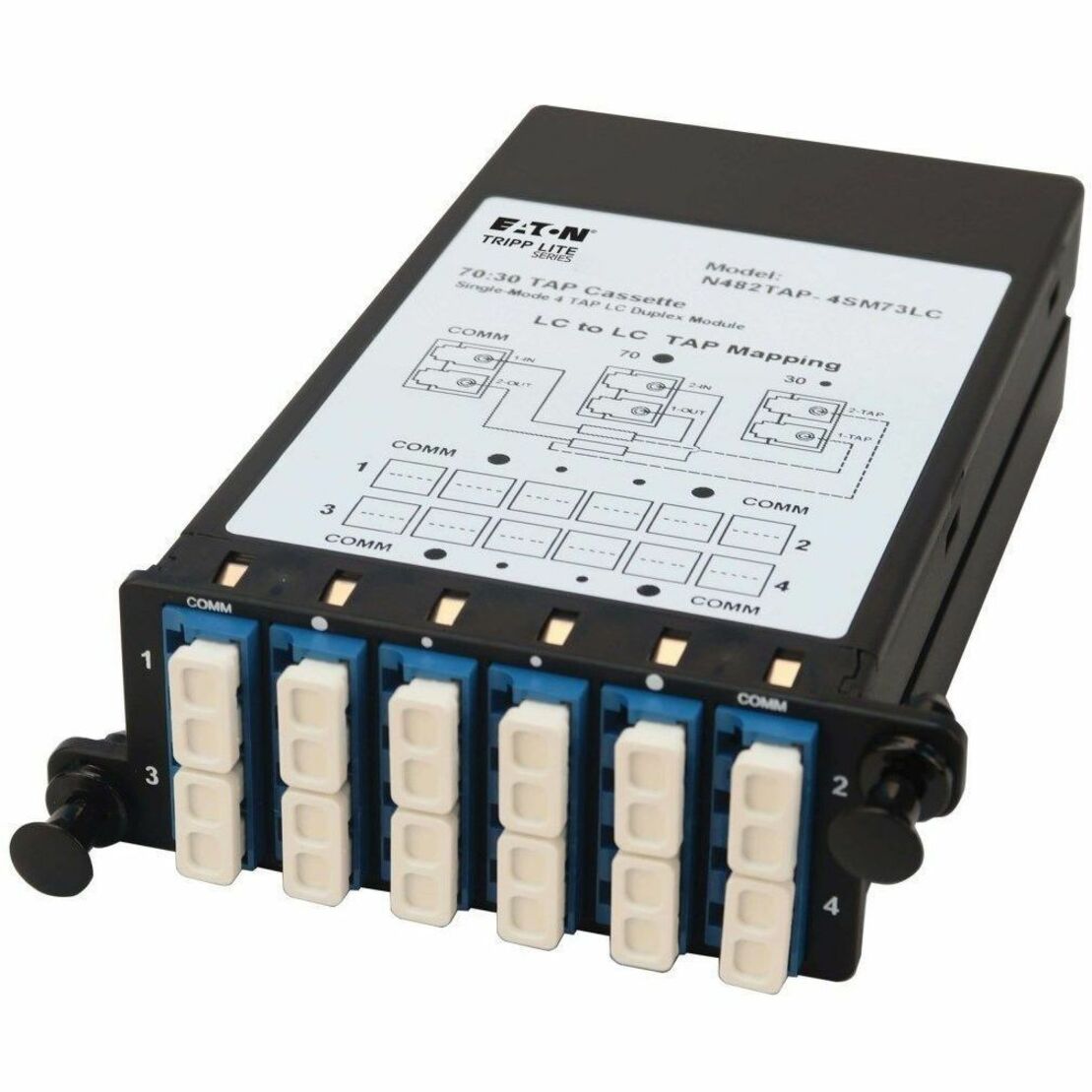 Tripp Lite TAP cassette showing LC port configuration and 70/30 signal mapping diagram with white port connectors-alternate-image1