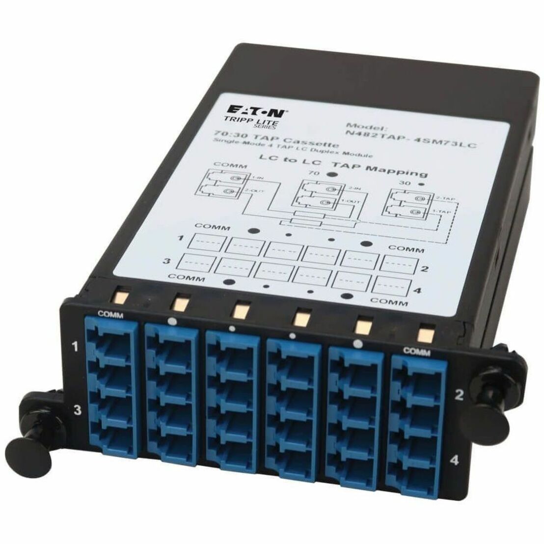 Tripp Lite TAP cassette displaying blue LC port array and detailed port mapping configuration-alternate-image2