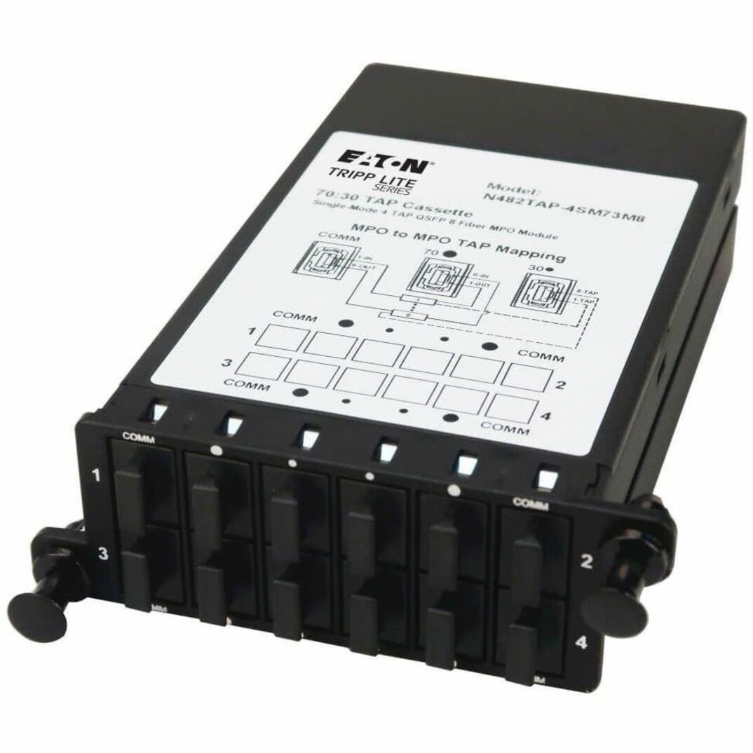 Tripp Lite N482TAP-4SM73M8 TAP cassette front view showing MPO to MPO TAP mapping diagram and port layout-alternate-image1