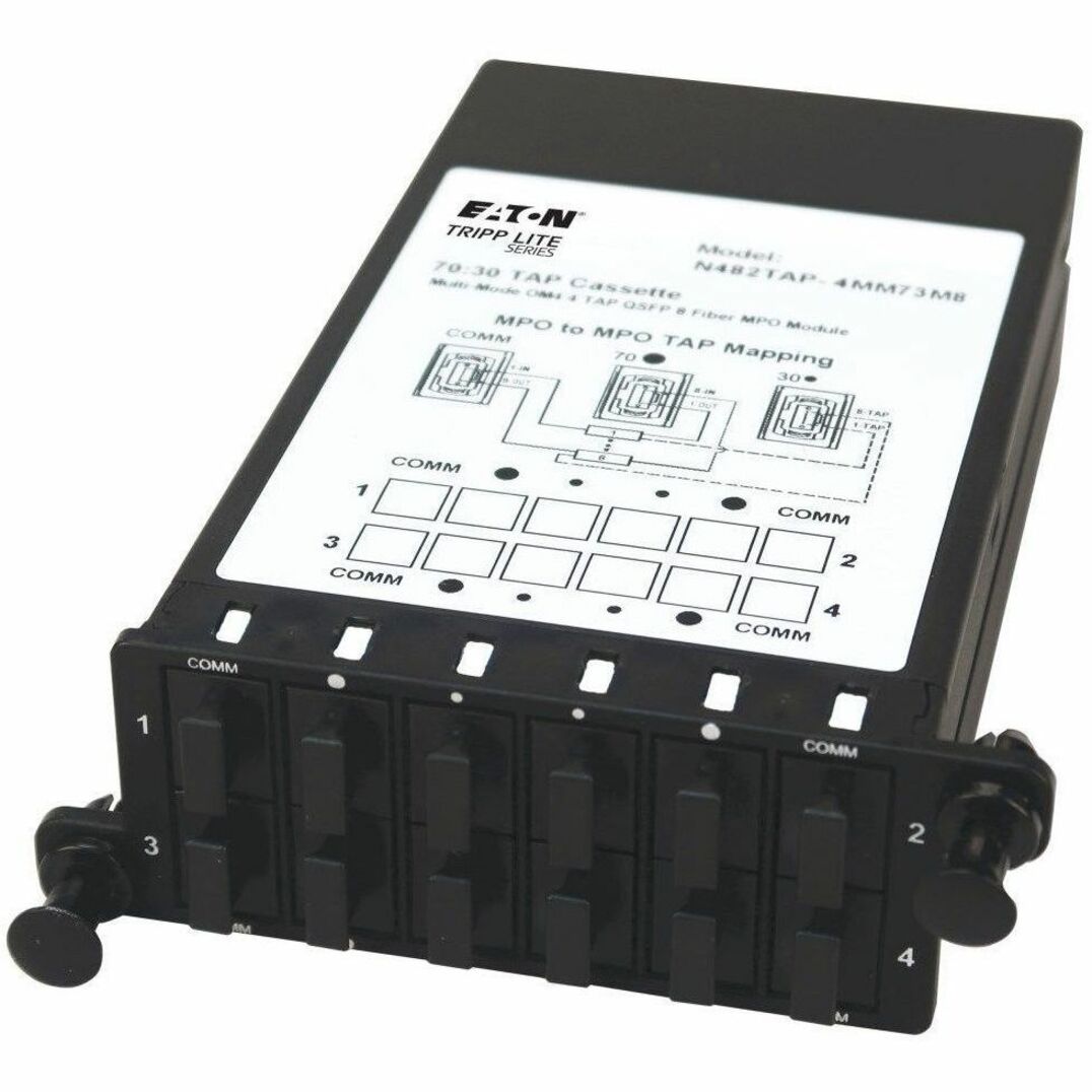 Front view of Tripp Lite N482TAP-4MM73M8 TAP cassette showing port mapping diagram and COMM port layout-alternate-image1