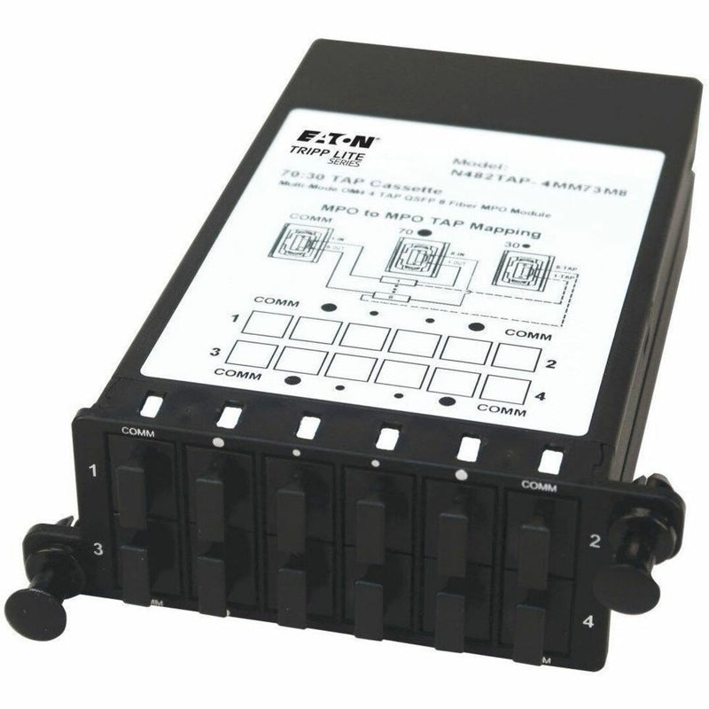 Front view of Tripp Lite N482TAP-4MM73M8 TAP cassette showing port mapping diagram and COMM port layout