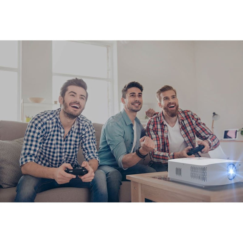 Group of friends enjoying multiplayer gaming with the Optoma UHD35STx projector