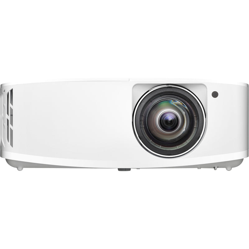 Front view of white Optoma UHD35STx projector showing premium lens and sleek design