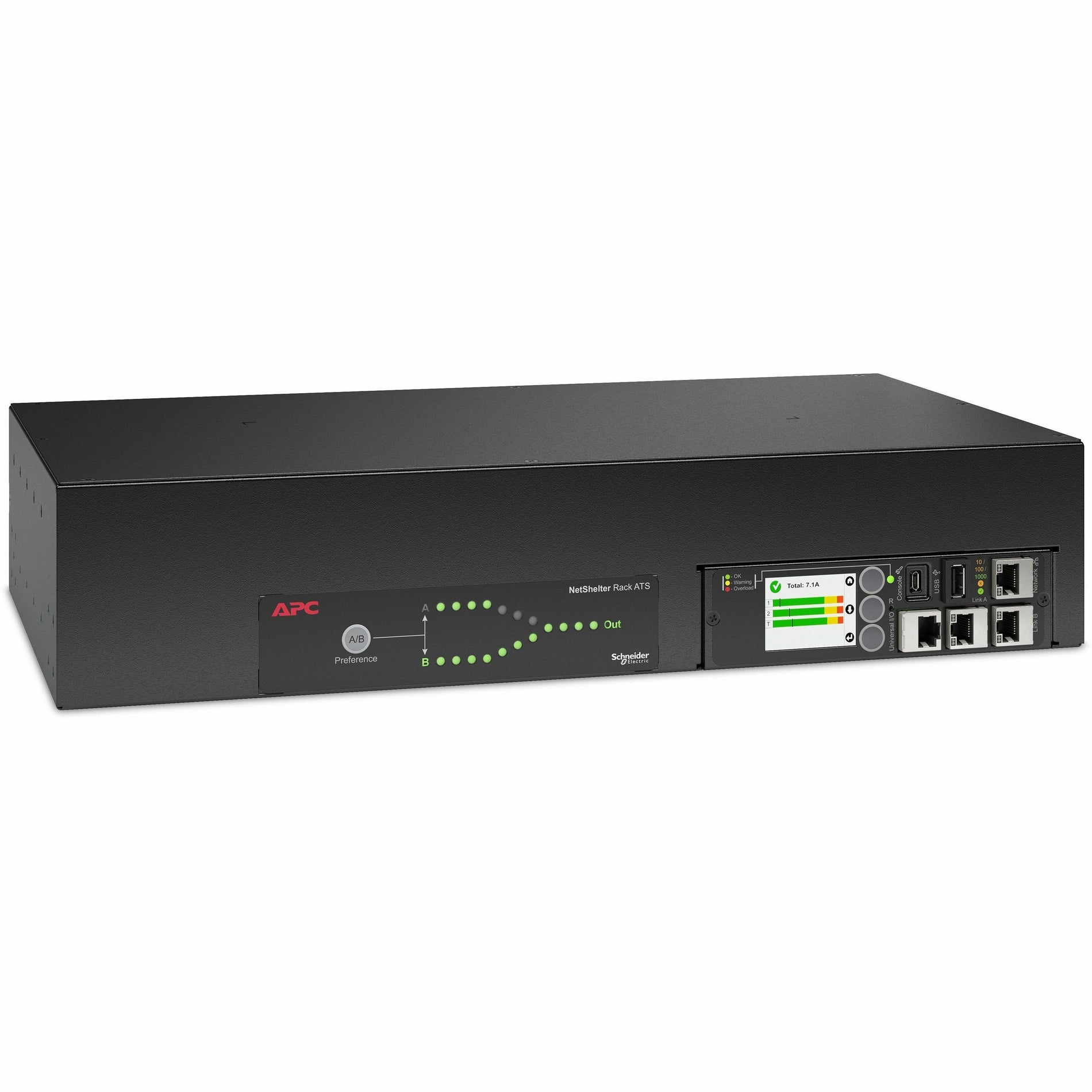 Angled view of APC NetShelter Automatic Transfer Switch showing 2U rack-mount design and connectivity ports-alternate-image2