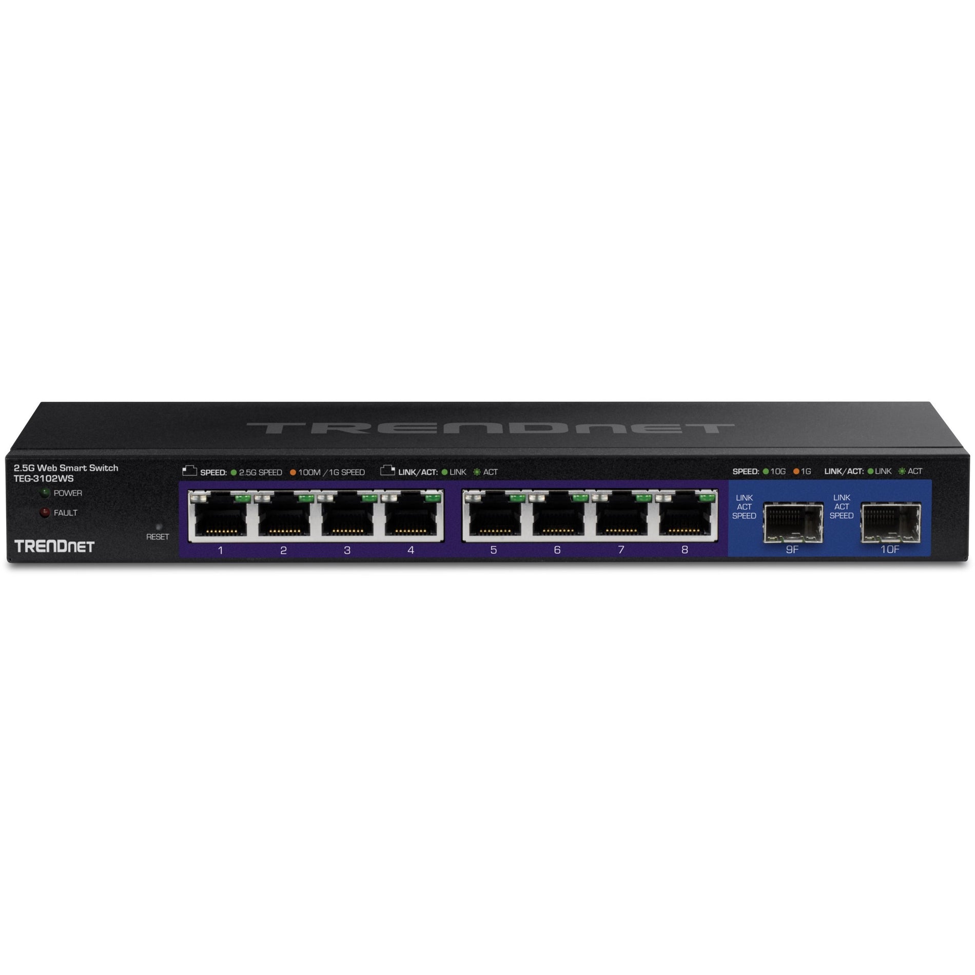 TRENDnet 10-Port Multi-Gig Web Smart Switch, 8 x 2.5GBASE-T Ports, 2 x 10G SFP+ Slots, Metal Housing, Managed Network Ethernet Switch, Lifetime Protection, Black, TEG-3102WS