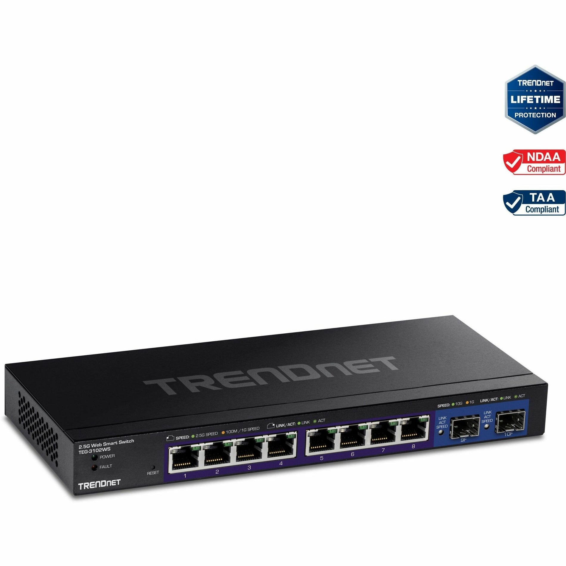 Front view of TRENDnet TEG-3102WS 10-port multi-gig web smart switch showing 8 2.5G ports and 2 10G SFP+ slots-alternate-image1